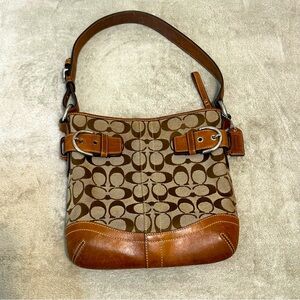 Coach Signature Soho Tan Brown Leather Canvas Slim Shoulder Bag Y2K